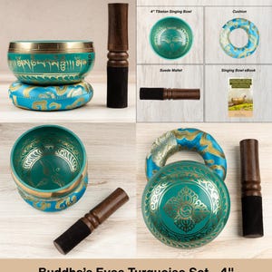 May include: A 4-inch turquoise Tibetan singing bowl set featuring gold-coloured inscriptions and symbols. The set includes a matching turquoise and gold patterned cushion, a wooden mallet with a black suede tip, and a digital singing bowl eBook.