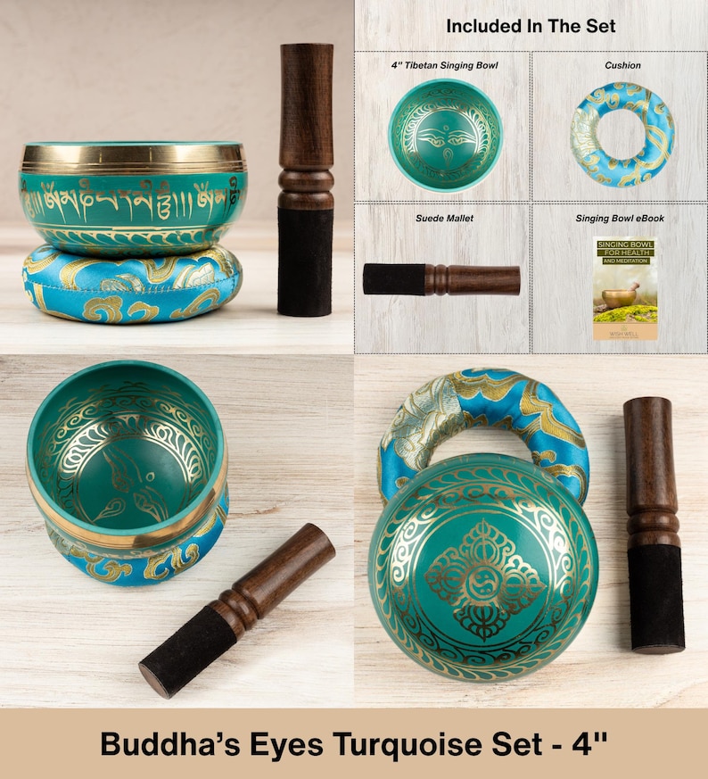 May include: A 4-inch turquoise Tibetan singing bowl set featuring gold-coloured inscriptions and symbols. The set includes a matching turquoise and gold patterned cushion, a wooden mallet with a black suede tip, and a digital singing bowl eBook.