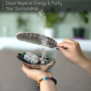 White Sage Smudge Kit, Sage Smudge Cleansing Kit, Abalone Shell, Palo Santo, 7 Chakra Stone, Chakra Crystal Bracelet, Feather & Instructions image 6