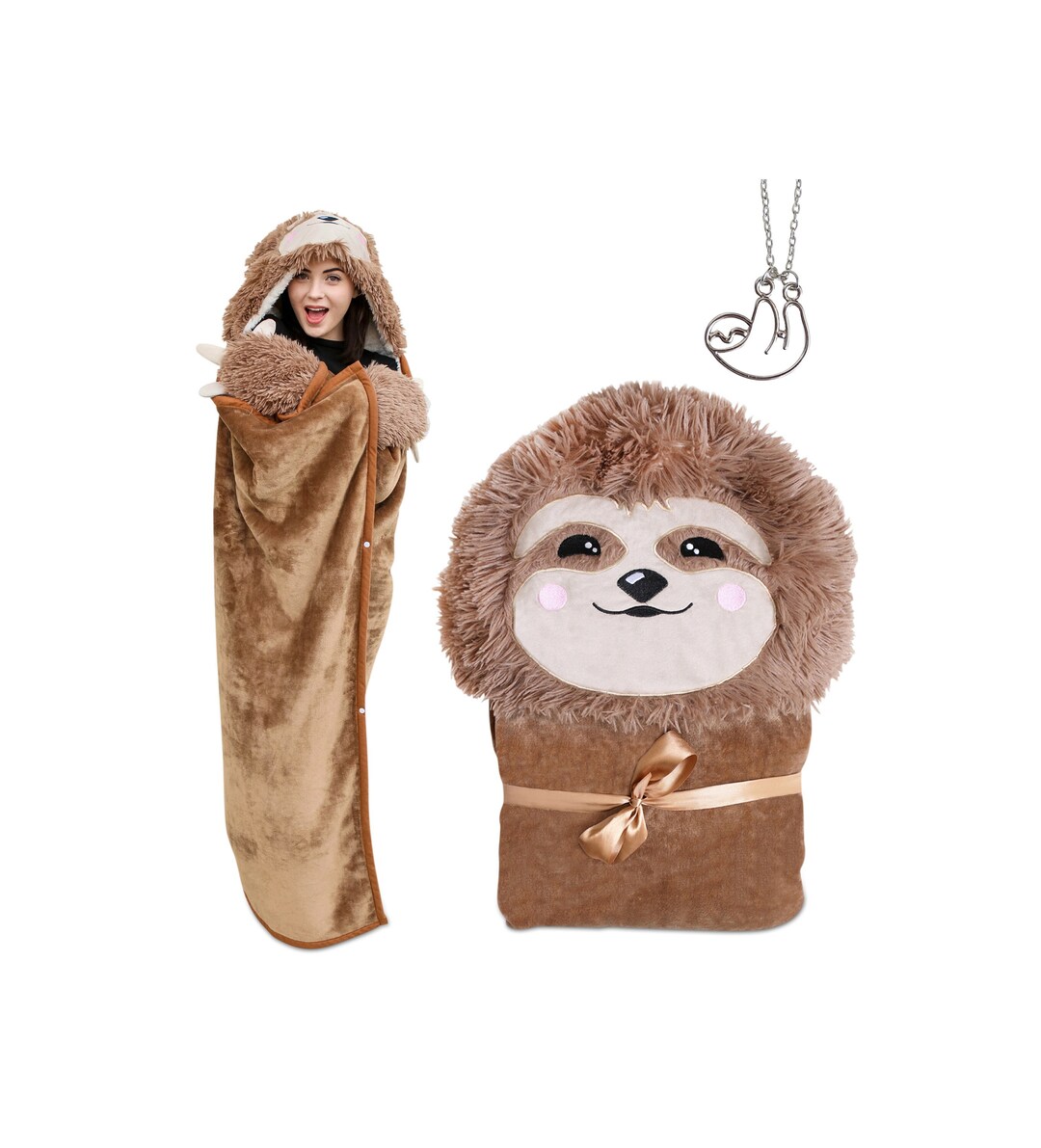 Sloth Wearable Hooded Blanket With Pendant Necklace Cozy Oversized