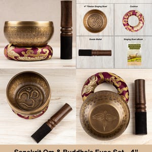 May include: A 4-inch Tibetan singing bowl set featuring a brass bowl with Sanskrit Om and Buddha eyes engravings, a purple and gold patterned cushion, a wooden suede-wrapped mallet, and a digital singing bowl eBook for meditation.