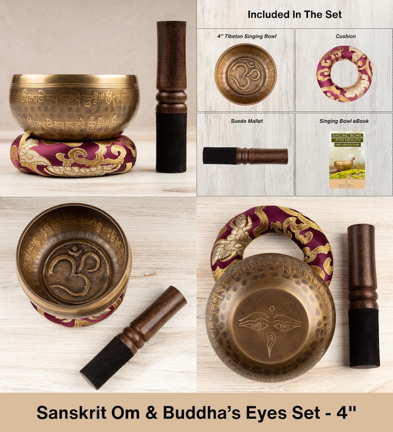May include: A 4-inch Tibetan singing bowl set featuring a brass bowl with Sanskrit Om and Buddha eyes engravings, a purple and gold patterned cushion, a wooden suede-wrapped mallet, and a digital singing bowl eBook for meditation.