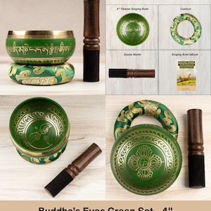 Tibetan Singing Bowl, Hand-Hammered Design, Meditation Bowl, Sound Bowl Chakra Healing, Handcrafted Singing Bowl Set, Spiritual Gift Green Design