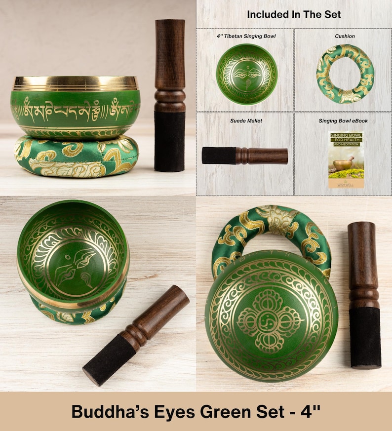 Tibetan Singing Bowl, Hand-Hammered Design, Meditation Bowl, Sound Bowl Chakra Healing, Handcrafted Singing Bowl Set, Spiritual Gift Green Design