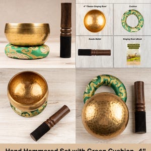 May include: A 10 cm hand-hammered Tibetan singing bowl set including a gold-toned metal bowl, a green fabric cushion with gold patterns, a dark wooden suede-covered mallet, and a digital singing bowl ebook for health and meditation.