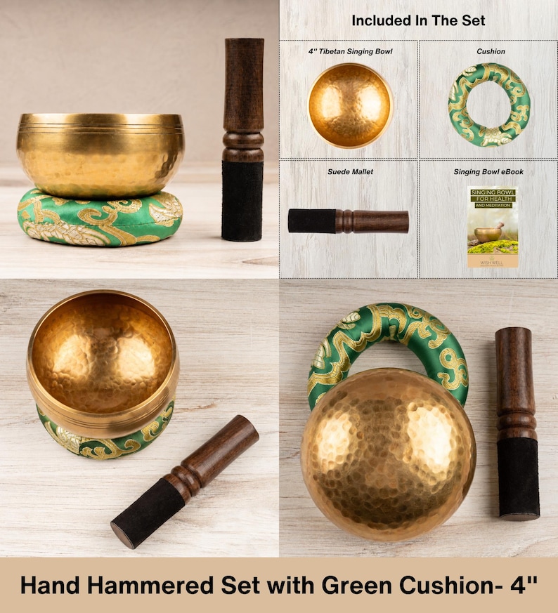 May include: A 10 cm hand-hammered Tibetan singing bowl set including a gold-toned metal bowl, a green fabric cushion with gold patterns, a dark wooden suede-covered mallet, and a digital singing bowl ebook for health and meditation.
