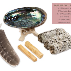 Pu&ograve; includere: Kit di purificazione con salvia con una conchiglia di abalone di 14-15 cm, 3 pezzi di salvia bianca di 10 cm, 2 pezzi di palo santo di 10 cm, una piuma di 19 cm, un supporto a treppiede di 10 cm e una guida alla purificazione.