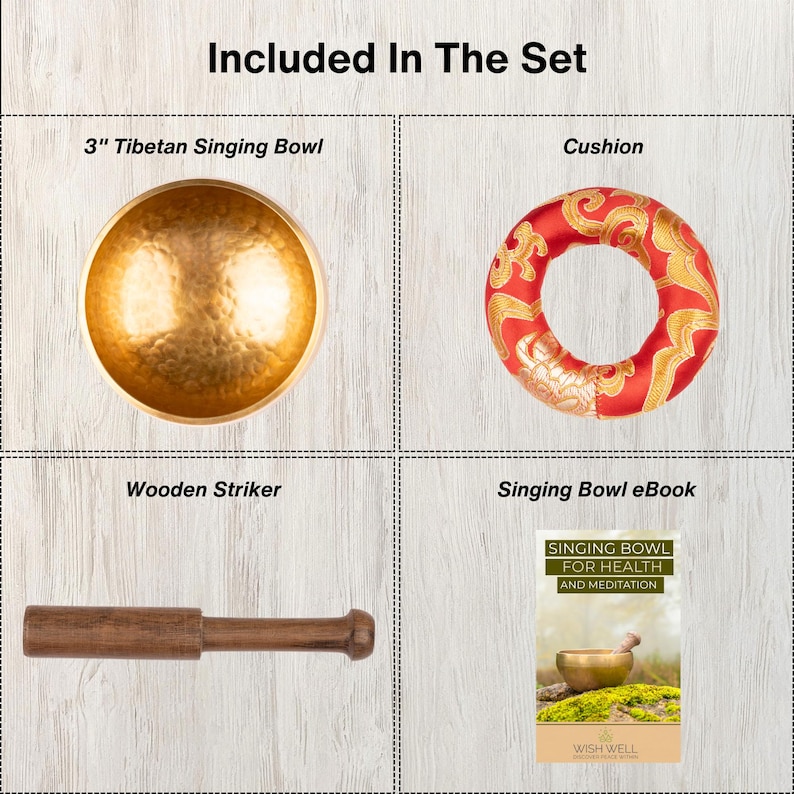 May include: A set including a 7.6 cm gold-coloured hammered Tibetan singing bowl, a red and gold patterned circular cushion, a brown wooden striker, and a digital Singing Bowl for Health and Meditation eBook with a cover image of a singing bowl.