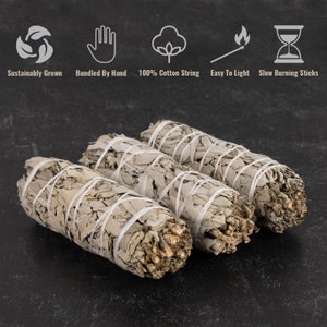 Pu&ograve; includere: Tre bastoncini di salvia bianca legati insieme con uno spago bianco. I bastoncini sono su una superficie grigio scuro. Il testo "Coltivato in modo sostenibile", "Legato a mano", "100% spago di cotone", "Facile da accendere" e "Bastoncini a combustione lenta" &egrave; visibile sopra i bastoncini.
