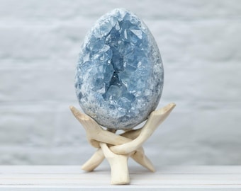 Natural Celestite Cluster Egg Geode with Stand, Raw Blue Celestite Stone, Mineral Specimen, Crystal Decor & Gift, Multiple Sizes Available
