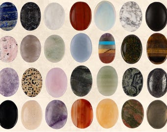 May include: A set of 20 smooth, polished oval-shaped stones in various colors and patterns. The stones are arranged in four rows of five, with each stone having a unique appearance.
