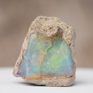May include: A rough, uncut opal gemstone with a matrix of beige rock. The opal displays a vibrant play of color, including shades of blue, green, and yellow. The stone is set against a neutral background, highlighting its natural beauty.
