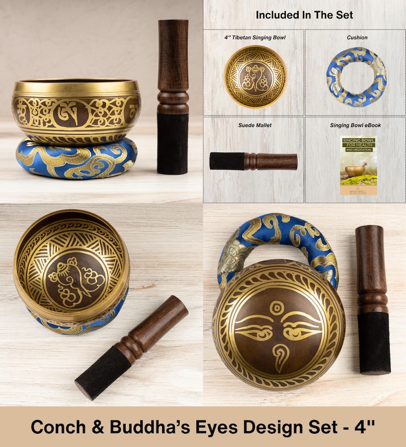 Tibetan Singing Bowl, Hand-Hammered Design, Meditation Bowl, Sound Bowl Chakra Healing, Handcrafted Singing Bowl Set, Spiritual Gift Conch Design