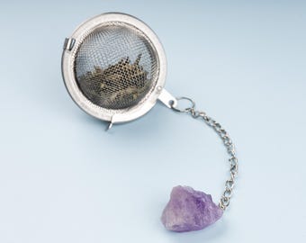 Raw Crystal Tea Infuser, Loose Leaf Tea Steeper with Natural Stone, Tea Lover Gift, Rough Crystal Tea Ball, Amethyst, Rose Quartz & More