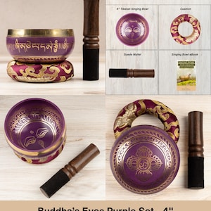 May include: A 4-inch purple Tibetan singing bowl set featuring a metallic bowl with gold Buddha eyes and script, a matching purple and gold patterned cushion, a wooden suede mallet, and an instructional eBook titled Singing Bowl for Health and Meditation.