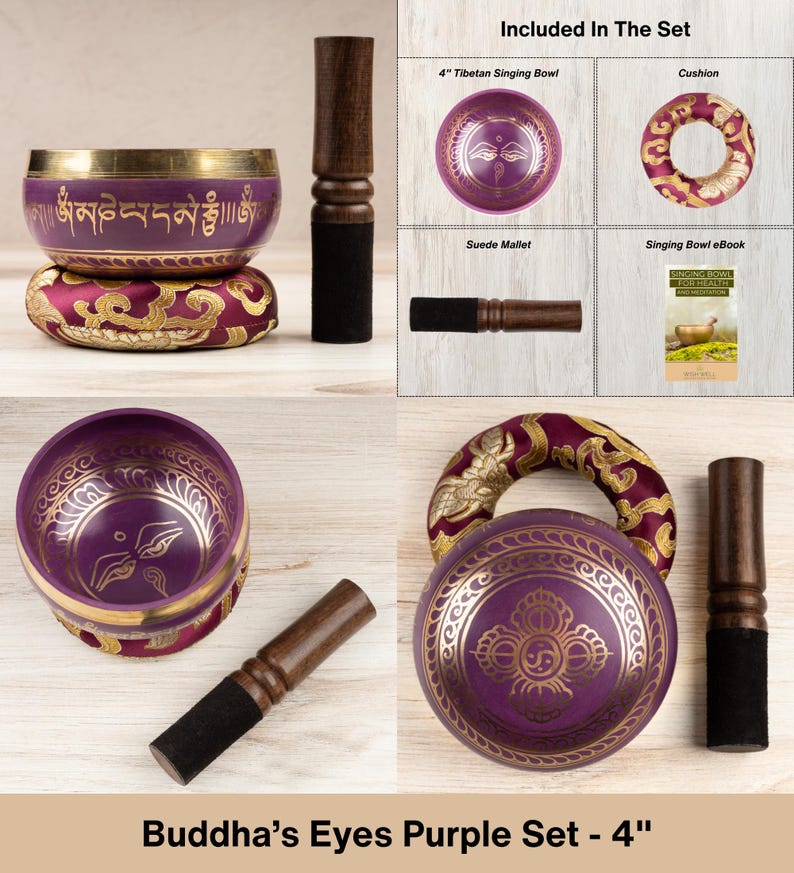 May include: A 4-inch purple Tibetan singing bowl set featuring a metallic bowl with gold Buddha eyes and script, a matching purple and gold patterned cushion, a wooden suede mallet, and an instructional eBook titled Singing Bowl for Health and Meditation.