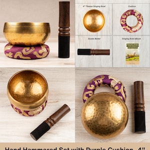 May include: A 4-inch hand-hammered gold-toned metal singing bowl set including a purple fabric cushion with gold patterns, a wooden mallet with a black suede tip, and a digital singing bowl ebook for health and meditation.
