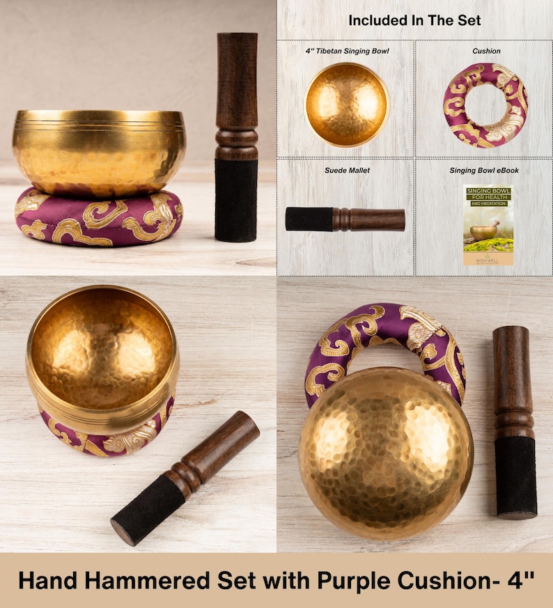 May include: A 4-inch hand-hammered gold-toned metal singing bowl set including a purple fabric cushion with gold patterns, a wooden mallet with a black suede tip, and a digital singing bowl ebook for health and meditation.