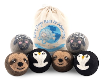 Wool Dryer Balls, Natural Fabric Softener, Penguin, Sloth, & Sheep Design, 6 Pack Laundry Balls for Dryer, Handcrafted in Nepal
