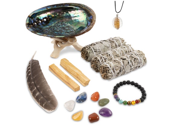 White Sage Smudge Kit, Sage Smudge Cleansing Kit, Abalone Shell, Palo Santo, 7 Chakra Stone, Chakra Crystal Bracelet, Feather & Instructions