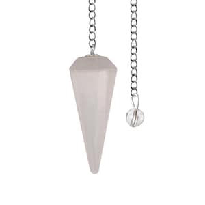 May include: A light pink crystal pendulum with a faceted top and a pointed bottom, suspended by a silver chain. A small, clear crystal ball hangs from a separate chain. The pendulum is designed for divination and spiritual practices.