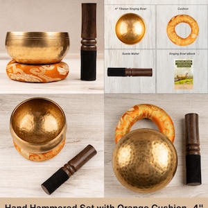May include: A 4-inch hand-hammered brass Tibetan singing bowl set including an orange patterned cushion, a dark wooden suede-wrapped mallet, and a singing bowl eBook. The set features a metallic gold bowl with a textured finish and a mallet.