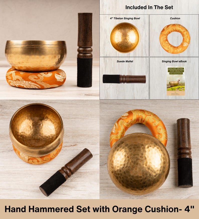 May include: A 4-inch hand-hammered brass Tibetan singing bowl set including an orange patterned cushion, a dark wooden suede-wrapped mallet, and a singing bowl eBook. The set features a metallic gold bowl with a textured finish and a mallet.