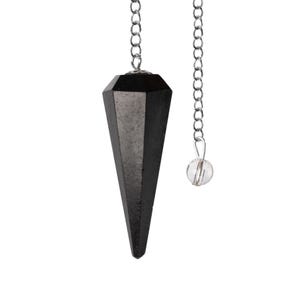 May include: A black obsidian pendulum with a silver chain and a clear crystal ball at the end.