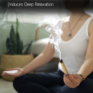 Pu&ograve; includere: Una persona seduta a gambe incrociate sul pavimento, tiene un bastoncino di palo santo fumante, con fumo che sale sopra. Il testo "Induces Deep Relaxation" &egrave; visibile nella parte superiore dell'immagine.