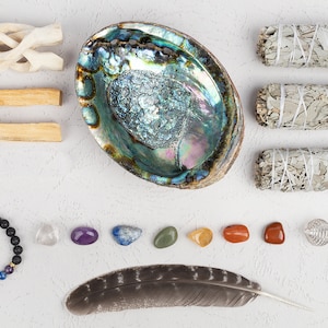 White Sage Smudge Kit, Sage Smudge Cleansing Kit, Abalone Shell, Palo Santo, 7 Chakra Stone, Chakra Crystal Bracelet, Feather & Instructions image 2