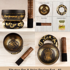 May include: A 4-inch Tibetan singing bowl set featuring a black bowl with gold Om and Vajra symbols, a wooden mallet with a black suede tip, a black and gold patterned cushion, and a digital eBook titled Singing Bowl for Health and Meditation.