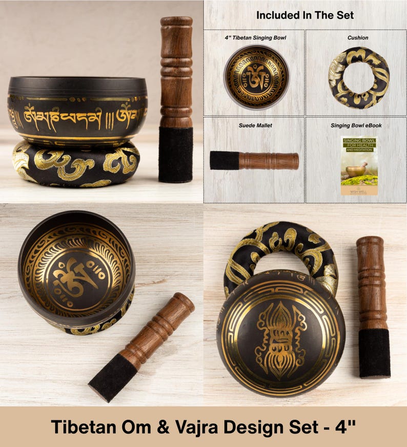 May include: A 4-inch Tibetan singing bowl set featuring a black bowl with gold Om and Vajra symbols, a wooden mallet with a black suede tip, a black and gold patterned cushion, and a digital eBook titled Singing Bowl for Health and Meditation.