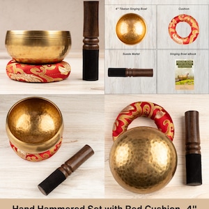 May include: A 4-inch Tibetan singing bowl set featuring a gold-coloured hand-hammered metal bowl, a red fabric cushion with gold patterns, a dark wooden mallet with a black suede tip, and a digital eBook titled Singing Bowl for Health and Meditation.