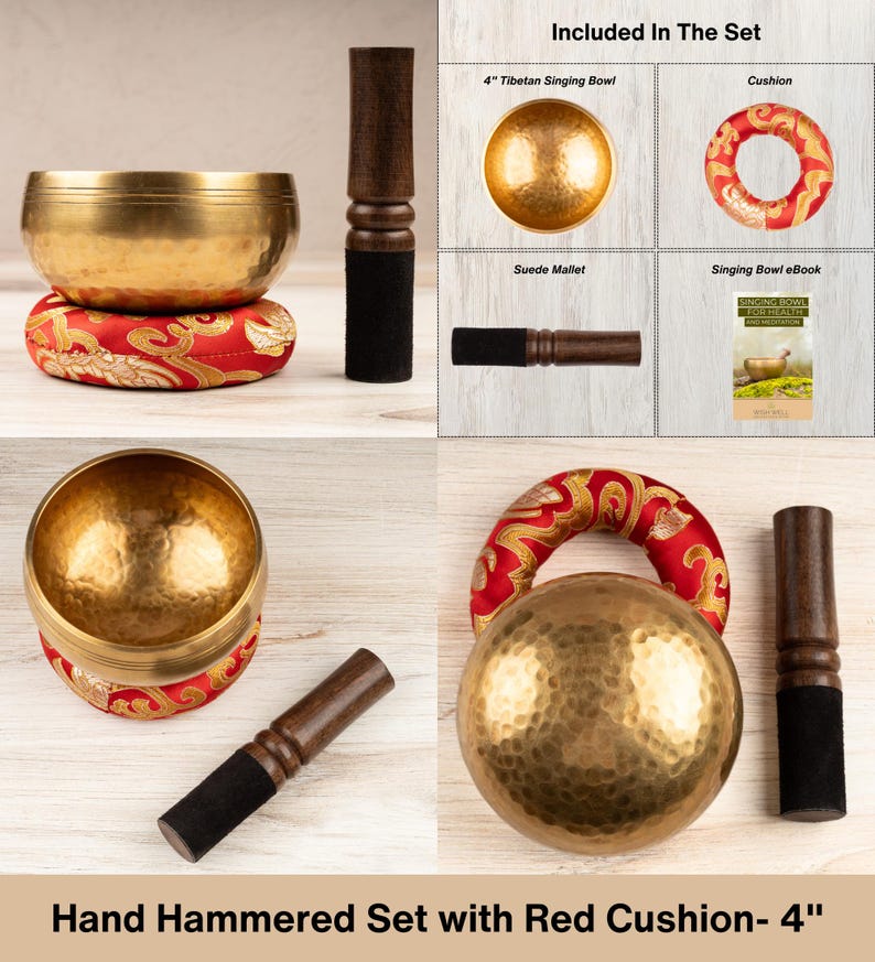 May include: A 4-inch Tibetan singing bowl set featuring a gold-coloured hand-hammered metal bowl, a red fabric cushion with gold patterns, a dark wooden mallet with a black suede tip, and a digital eBook titled Singing Bowl for Health and Meditation.