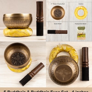 May include: A 10 cm Tibetan singing bowl set featuring a brass bowl with etched Buddha eyes and mantras, a yellow patterned cushion, a wooden suede-wrapped mallet, and an instructional ebook. The set includes a bowl, cushion, mallet, and ebook.