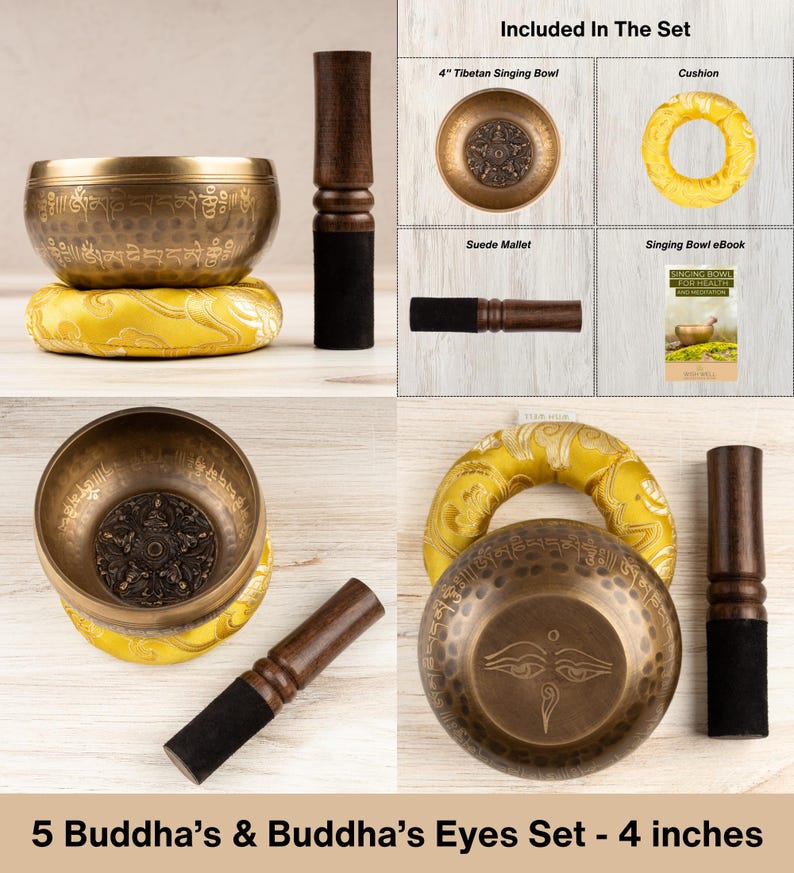 May include: A 10 cm Tibetan singing bowl set featuring a brass bowl with etched Buddha eyes and mantras, a yellow patterned cushion, a wooden suede-wrapped mallet, and an instructional ebook. The set includes a bowl, cushion, mallet, and ebook.