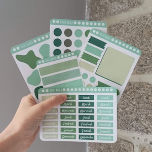 Pack 5 planches de stickers organisation vert | Semainier, To Do, Masking Tape, Formes pour Bullet Journal et Agenda