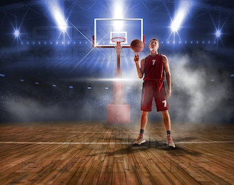May include: A basketball player in a red jersey with the number 7 on it, dribbling a basketball in a smoky basketball arena with a crowd in the background.