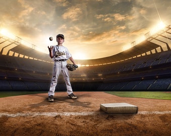 Digital Backdrop Photography - Baseball, Softball |  SUNSET STADIUM | Photoshop Backgrounds and Overlays | High-Resolution 4K Download