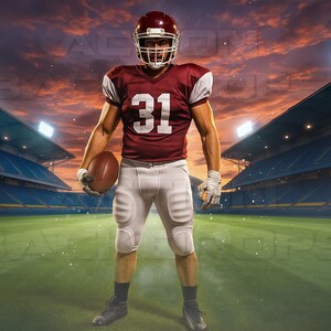 May include: A football player wearing a maroon jersey with the number 31, white trousers, and a helmet stands on a green pitch in a stadium.