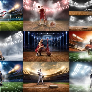 Peut inclure: Un collage de neuf images mettant en sc&egrave;ne des athl&egrave;tes dans diff&eacute;rents contextes sportifs. Les images comprennent un joueur de football, un joueur de basket-ball, un danseur, un joueur de football am&eacute;ricain, un joueur de baseball et un joueur de hockey sur glace. Chaque image pr&eacute;sente une toile de fond de stade avec des lumi&egrave;res vives et des effets de fum&eacute;e. Le texte "STADIUM & ARENAS" est visible dans le coin sup&eacute;rieur droit du collage.