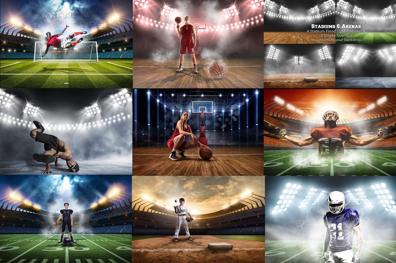 Peut inclure: Un collage de neuf images mettant en sc&egrave;ne des athl&egrave;tes dans diff&eacute;rents contextes sportifs. Les images comprennent un joueur de football, un joueur de basket-ball, un danseur, un joueur de football am&eacute;ricain, un joueur de baseball et un joueur de hockey sur glace. Chaque image pr&eacute;sente une toile de fond de stade avec des lumi&egrave;res vives et des effets de fum&eacute;e. Le texte "STADIUM & ARENAS" est visible dans le coin sup&eacute;rieur droit du collage.