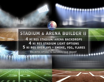 May include: A collage of four images showing different stadium and arena backdrops, light options, and overlays. The text reads "STADIUM & ARENA BUILDER II", "4 HI RES STADIUM/ARENA BACKDROPS", "4 HI RES STADIUM LIGHT OPTIONS", "5 HI RES OVERLAYS - SMOKE, FOG, FLARES", and "UNLIMITED OPTIONS TO CUSTOMIZE YOUR IMAGES!"
