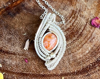 Wire Wrapped Crystal Healing Sunstone Necklace Sterling Silver Micro Pendant Valentine’s Day Gift Gift for Girlfriend