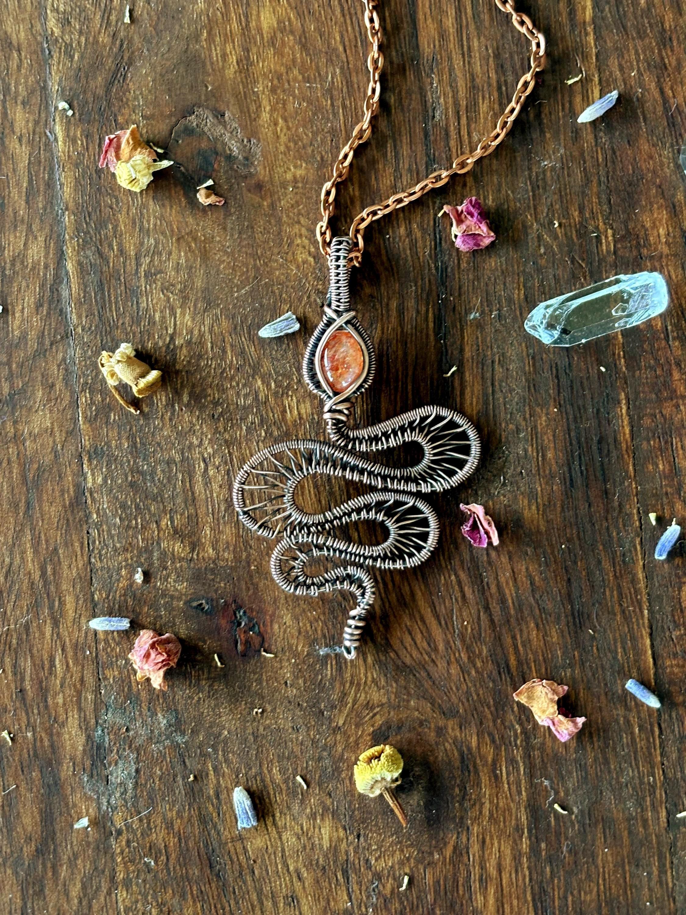 Sunstone Copper Snake Necklace, Wire Wrapped Crystal Necklace, Snake Pendant, Sunstone Necklace