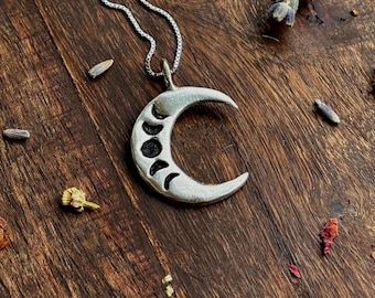Sterling Silver Crescent Moon Necklace – Handmade with Sterling Silver Clay & Moon Phase Design