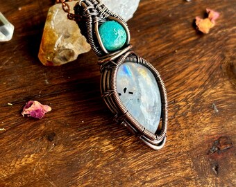 Rainbow Moonstone Necklace Wire Wrapped Pendant Copper Jewelry Crystal Healing Necklace Hippie Boho Full Flash Moonstone Gift for Girlfriend