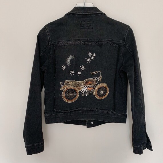 embroidered moto denim jacket