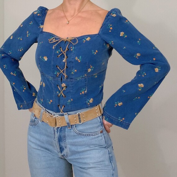 vintage floral lace up peasant top