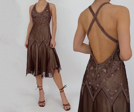 adrianna papell silk beaded low back dress